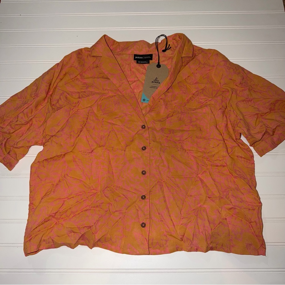 Prana Women's Button-Down Shirt in Orange and Pink Floral